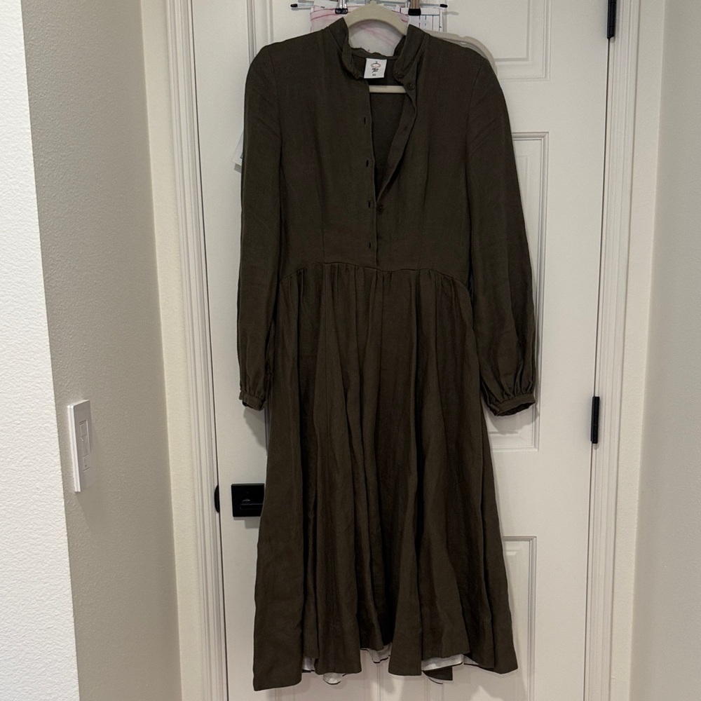 Son de Flor Sophie dress in pine green twill linen, size XS